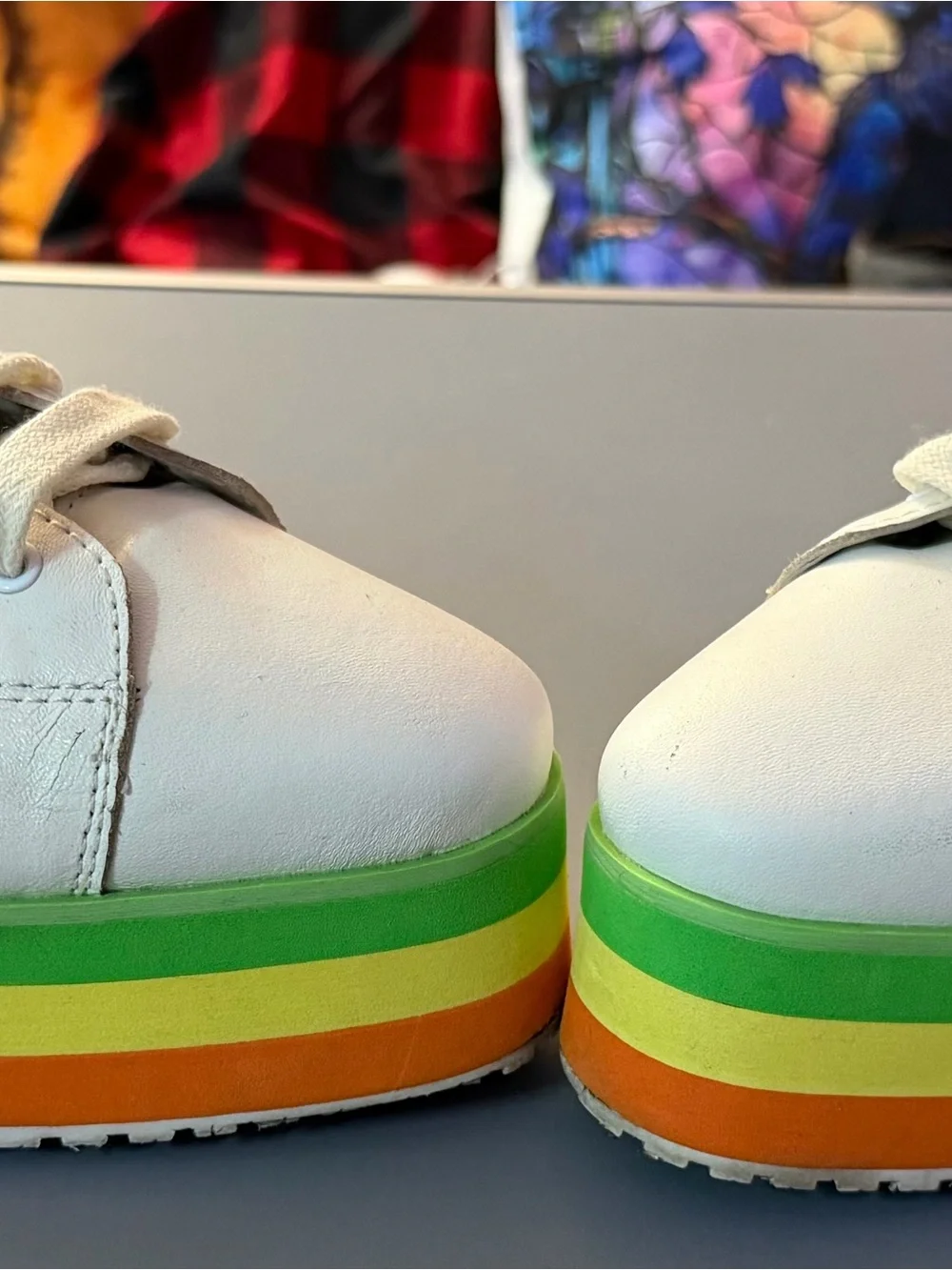 White Leather Platform Sneakers with Green & Orange Stripe Sole